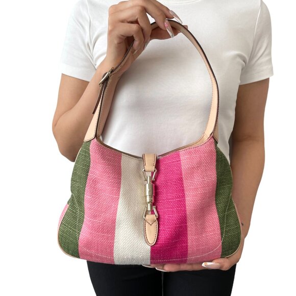 GUCCI Vintage Jackie Stripe Multicolor Shoulder Hobo Bag Handbag Beige [106050] - Picture 2 of 14